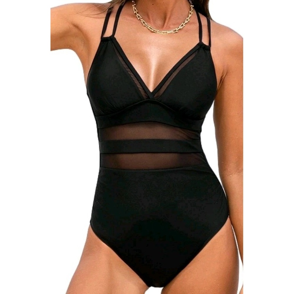 CUPSHE Women's Black One Piece Swimsuit Mesh Detail Tummy Control NWT Size XS